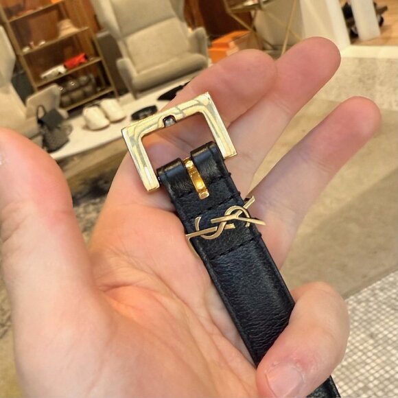 Saint Laurent Black Leather YSL Monogram Cassandre Thin Belt - Picture 11 of 13